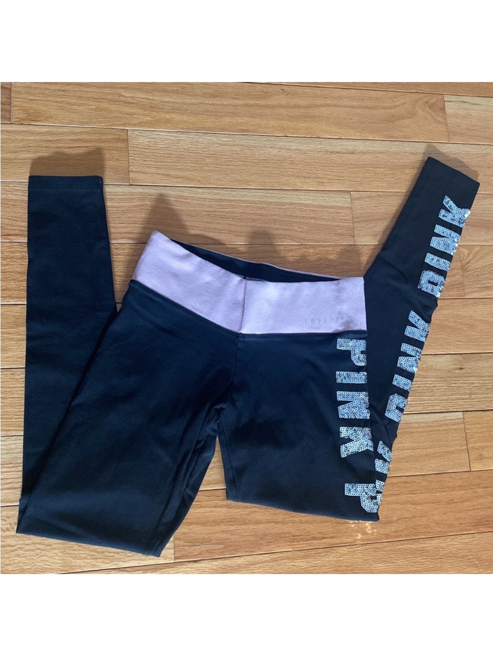 PINK Victoria's Secret Black Leggings with Light Pink Waistband and Glitter Logo
